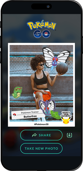 The Pokémon GO app is open on a phone screen. You can use the app to decorate and share your #Pokemon30 photos.
