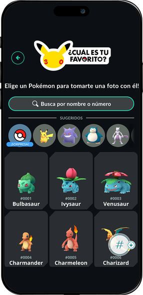 La pantalla de un celular con el texto "¿Cuál es tu favorito?" en la que debes elegir un Pokémon para tomarte una foto con él en Pokémon GO.