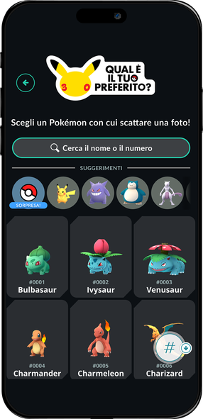 Schermata di uno smartphone col titolo "Qual è il tuo preferito?" che invita a scegliere un Pokémon con cui scattare una foto in Pokémon GO.