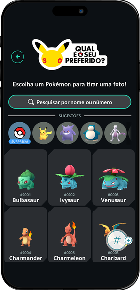 Uma tela de celular com o título "Qual é o seu preferido?" pede que você escolha um Pokémon para tirar uma foto com você no Pokémon GO.